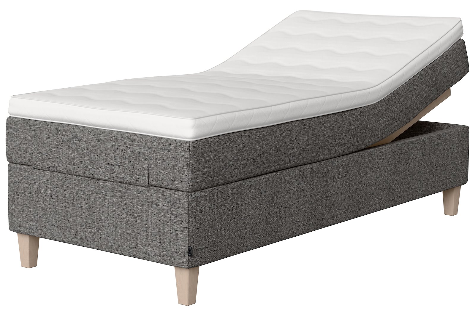 Onyx Dream  regulerbar seng 90x200 cm Tekstil 281 grå,ekstra fast, sleep I overmadrass og Kantet konet 14 cm hvitvasket ben