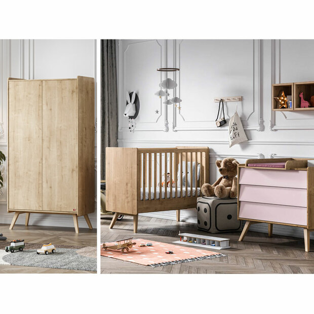 Chambre TRIO VINTAGE Lit 70x140 Commode Armoire Bois Rose - VOX