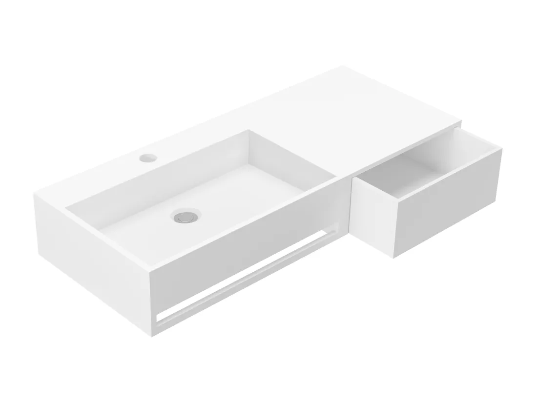Plan vasque suspendu en solid surface avec porte serviettes - Blanc - L90 x l40 x H17 cm - GANDAKI