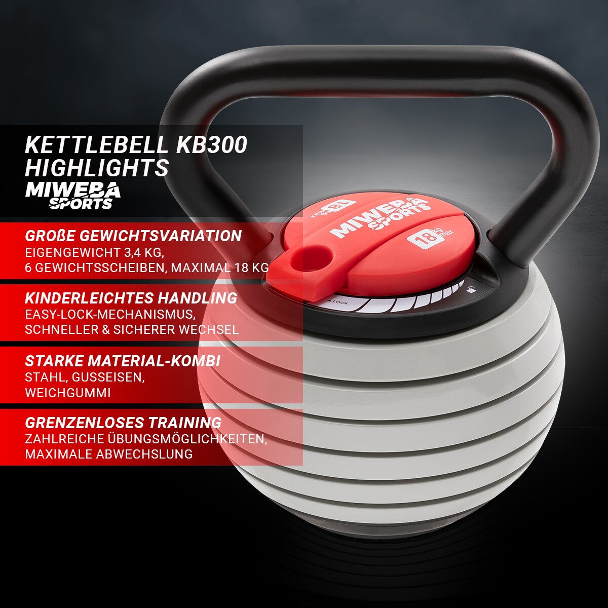 Miweba Sports Kettlebell KB300, verstellbar, 3,4-18 kg, 6 Gewichtscheiben, Easy-Lock-Mechanismus