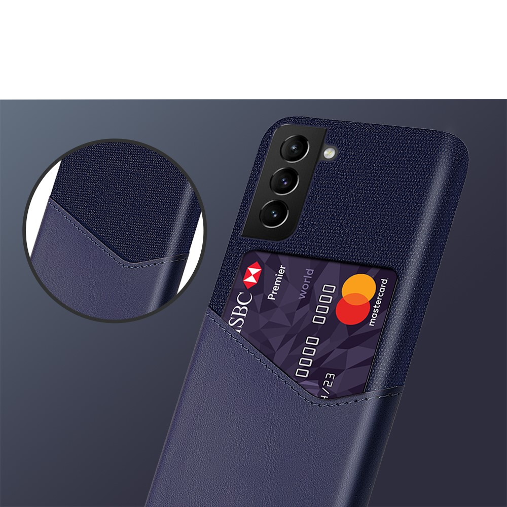 Samsung Galaxy S21 FE 5G Leder Hülle mit Stoff Design   Kartenfach - Dunkelblau