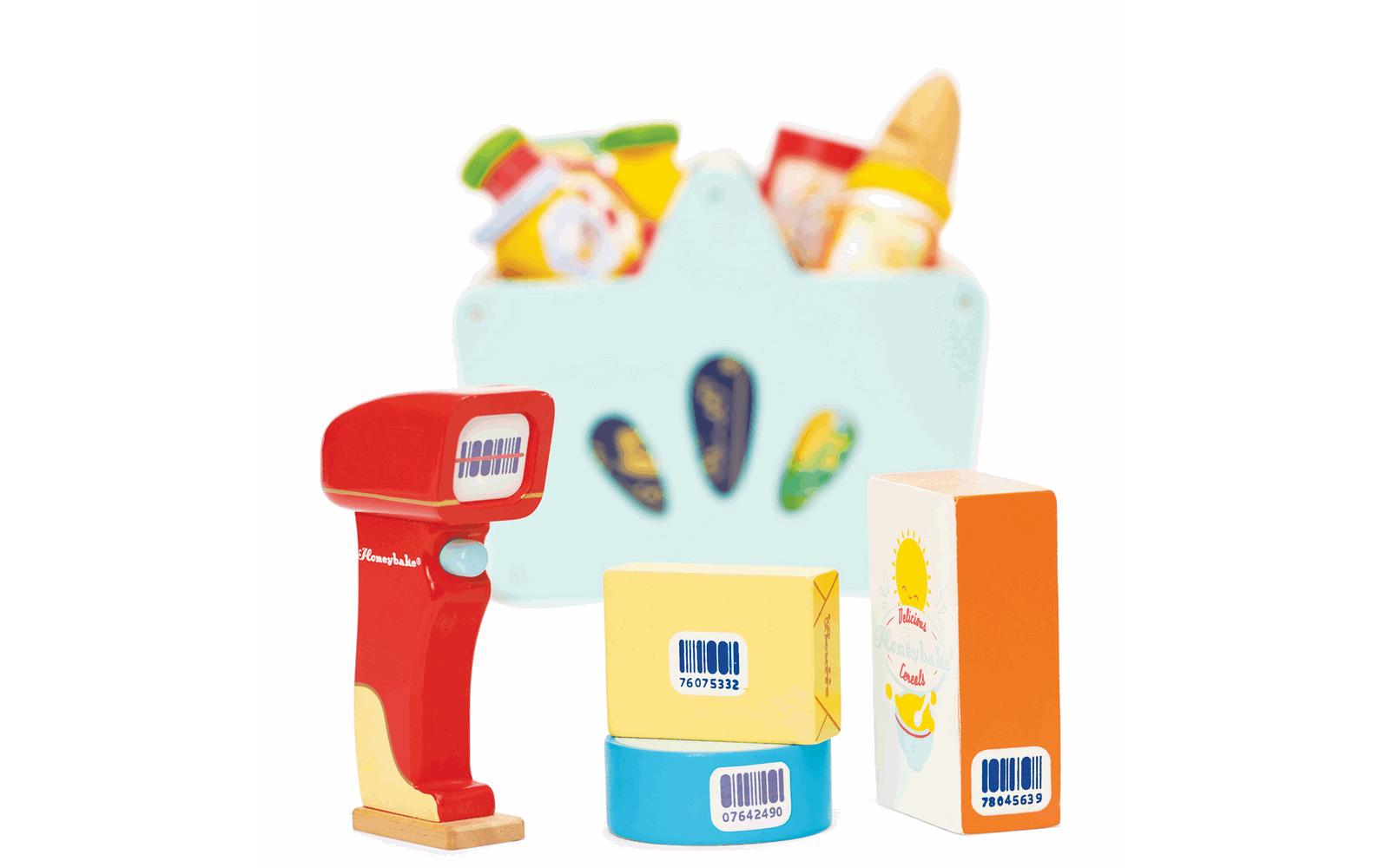 Spiel-Lebensmittel Gefüllter Einkaufskorb & Scanner16-teiliges Lebensmittel-Set aus Holz