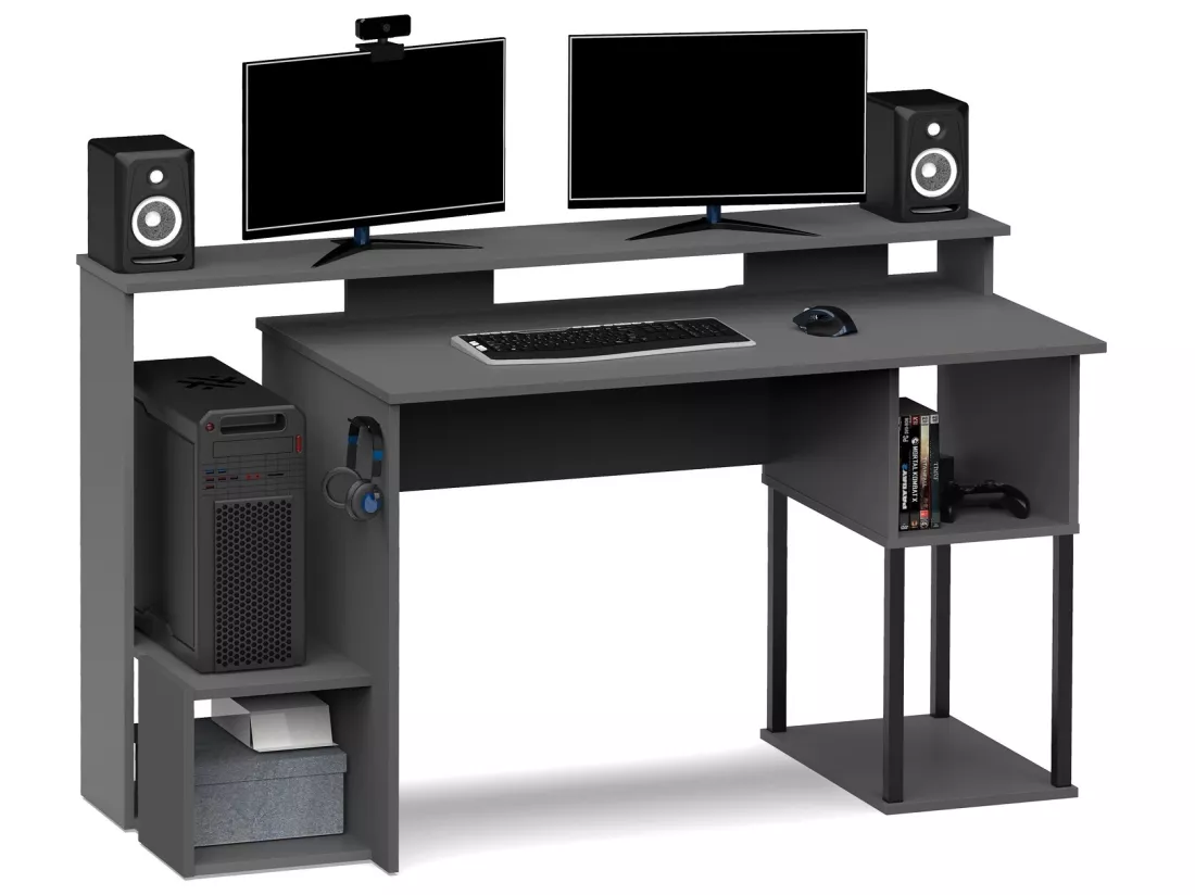 Bureau gamer, table de jeu avec compartiments en aggloméré avec finition grise - Longueur 150 x Profondeur 67 x Hauteur 77 cm