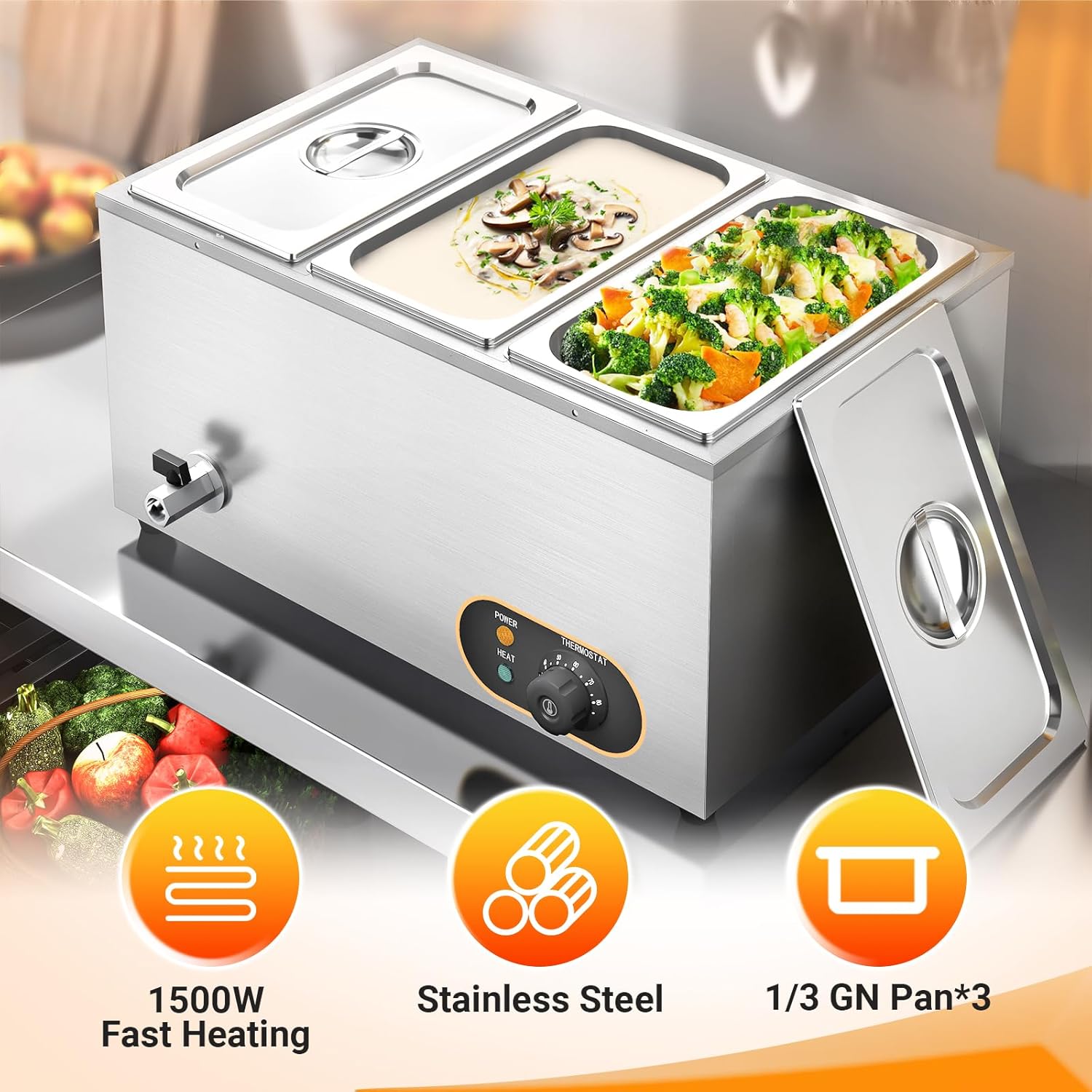 Bain Marie Speisenwärmer Wasserbad Gastro GN-Behältern 1/3 * 3 Warmhalter Edelstahl mit Ablaufhahn 1500W