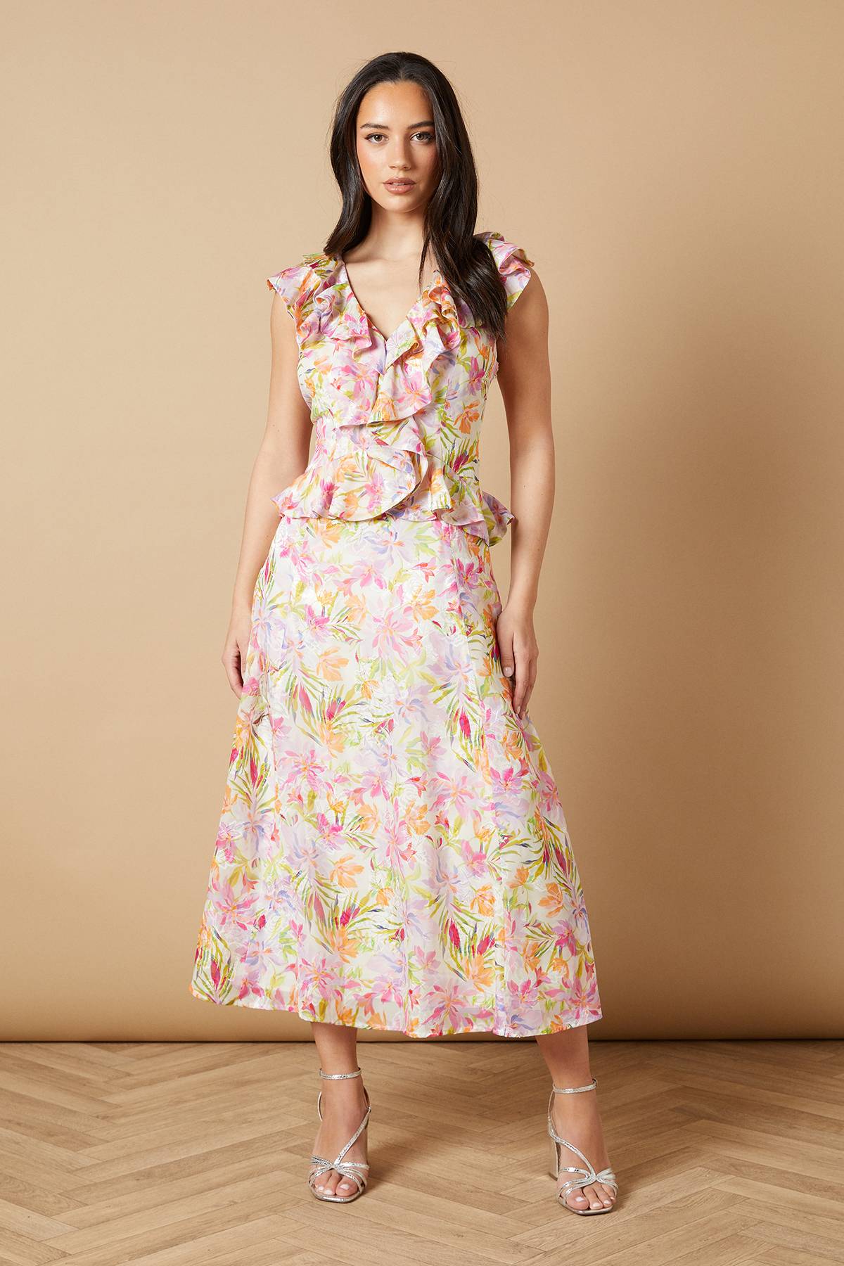 Oasis Robe Midi à Col V avec Détails de Volants Floraux