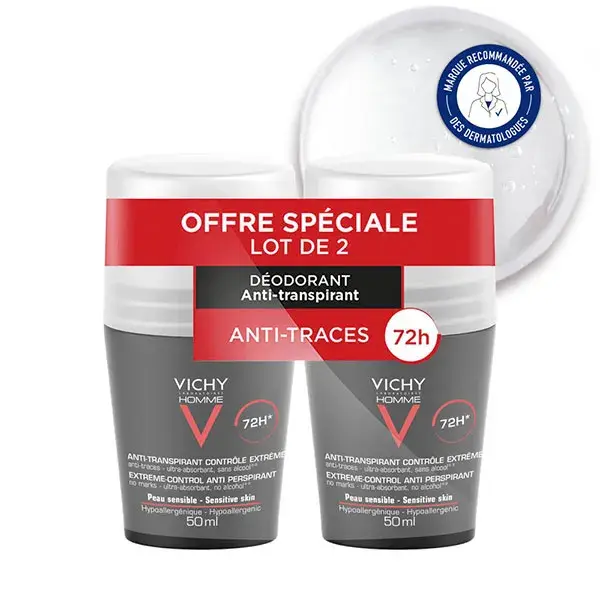 Desodorante antitranspirante roll-on Vichy Men's 72h Extreme Control, pacote com 2 unidades de 50ml