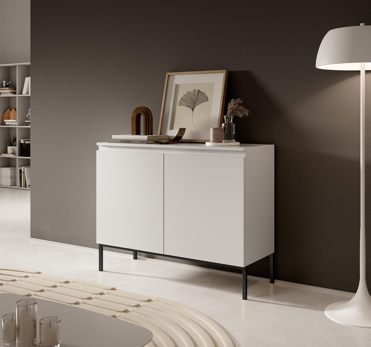 Selsey Kommode Schrank Aufbewahrungsschrank 100 cm 2 Türen 4 Fächer Weiß Schwarze Beine Bemmi