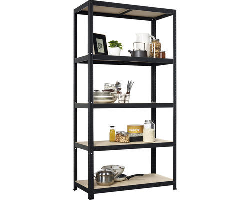 Robuuste stellingkast Strong 175, matzwart, 176x90x45 cm, 5 houten planken, draagvermogen 875 kg