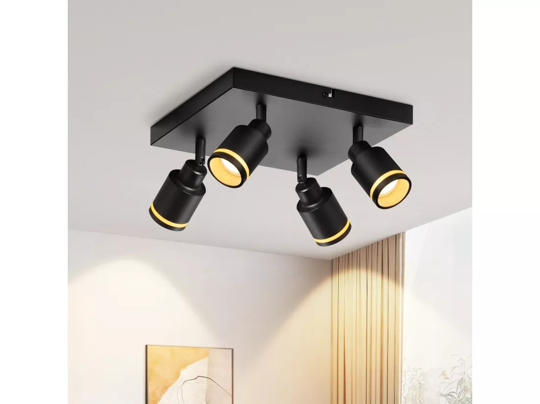 NETTLIFE Plafonnier LED 4 Spots de plafond : modèles carrés plafonnier noirs Spot mural orientable GU10 intérieur métal, sans ampoule