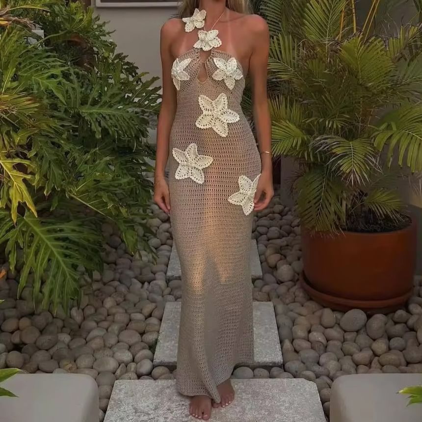 Alizio - Halter effen bloemen gehaakte maxi-schede-jurk