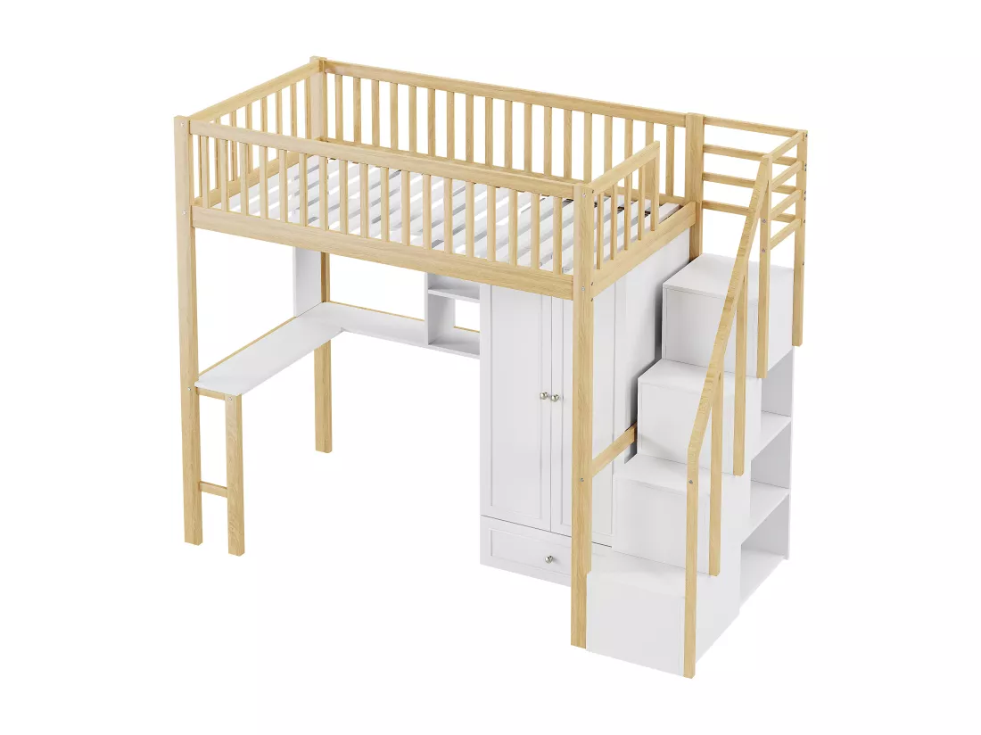 Lit mezzanine 90 x 200 cm avec grande armoire, bureau, bibliothèque, escalier et tiroirs, tout-en-un, Bois MDF, Blanc + chêne