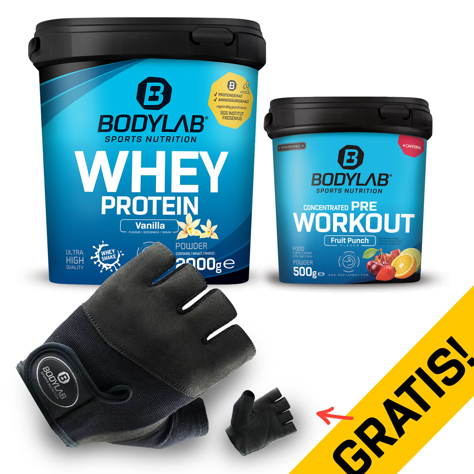 Pre Workout + Whey Protein Deal mit Handschuhen