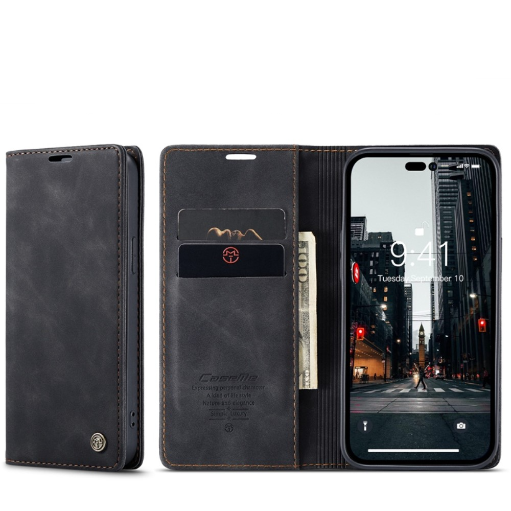iPhone 14 Pro Leder Tasche Flip Wallet Etui mit Kartenfächern - Schwarz