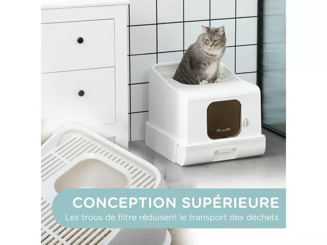 Maison de toilette chat bac à litière 2 portes - pelle, bac amovible, roulettes, poignée - PE blanc