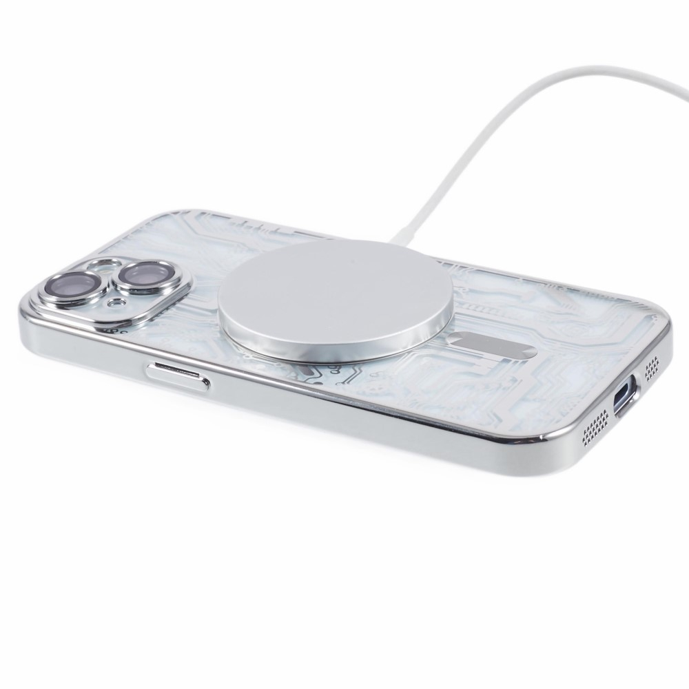 iPhone 15 MagSafe Gummi Case Hülle Galvanisierter Rahmen im Mechanischen Zahnrad Design   Kameraglasschutz - Silber
