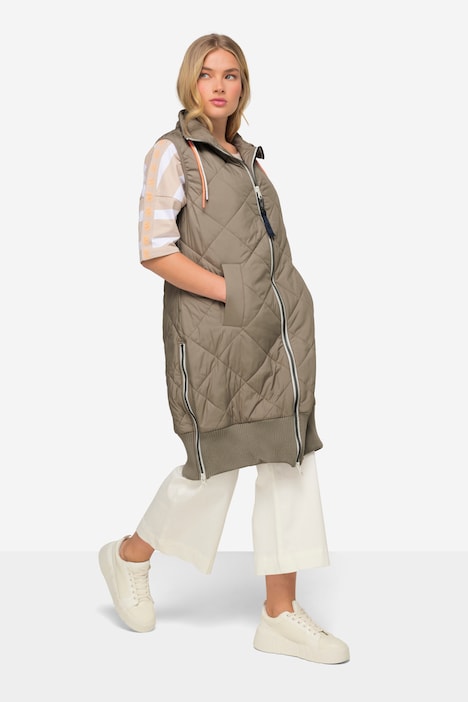 Steppweste, lange Form, Stehkragen, Zipper, Rippsaum