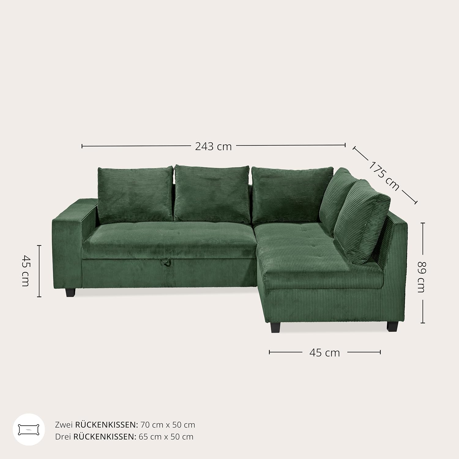 Ecksofa L-Form aus Cordstoff mit Schlaffunktion, grün (Wintermoss) – Liegefläche 147 × 207 cm, Breite 243 cm, Sitzhöhe 45 cm, Modell MIRA