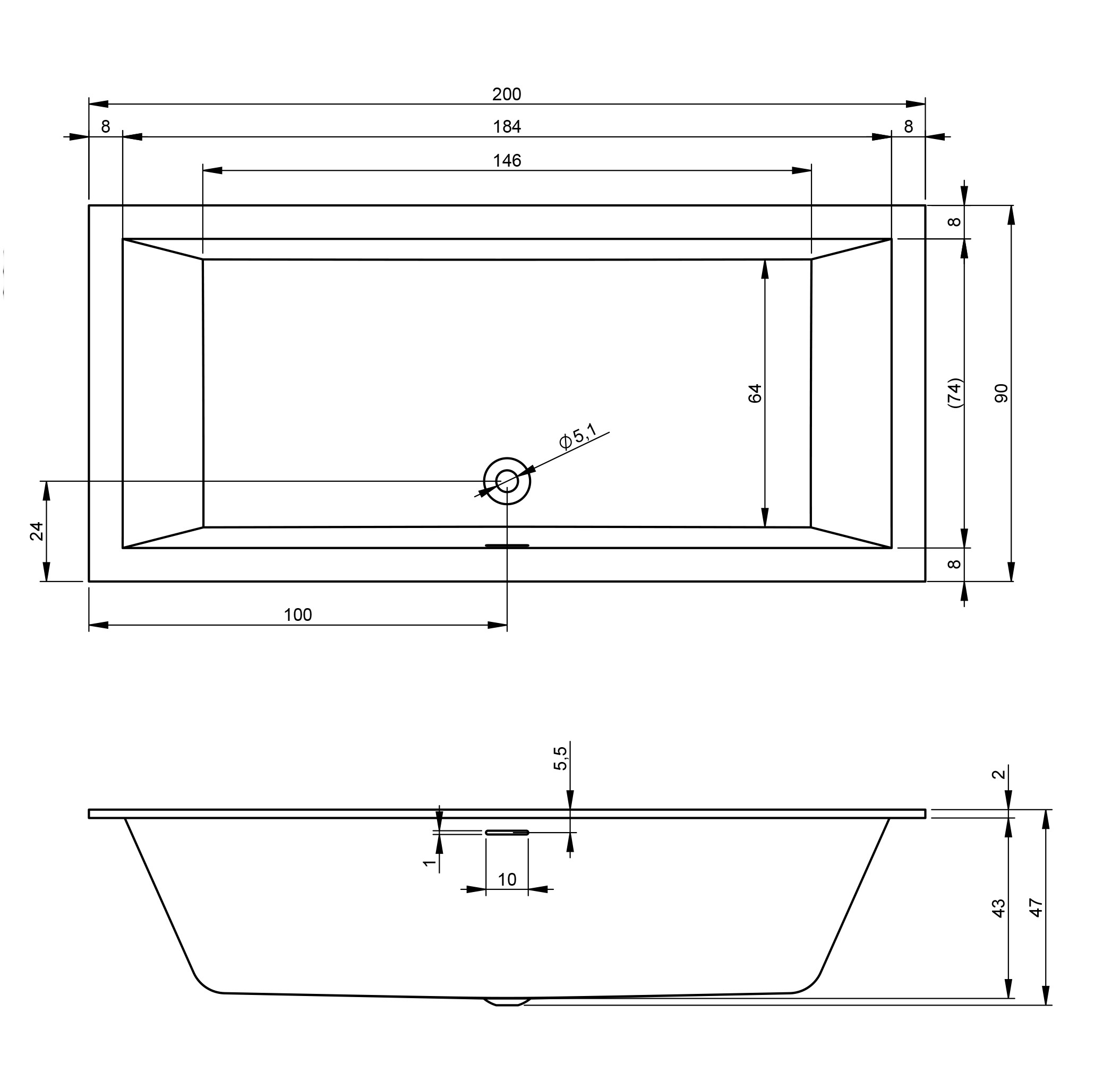 Riho Rethink Cubic half vrijstaand bad 200x90cm links wit glans met Fall overloop