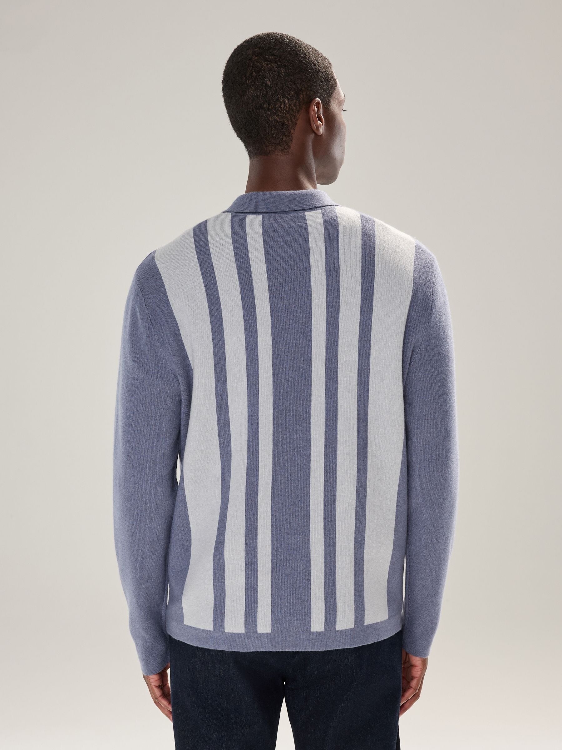 Blauw - Regular fit premium halfzwaar gestreept gebreid poloshirt met lange mouwen en kwartrits