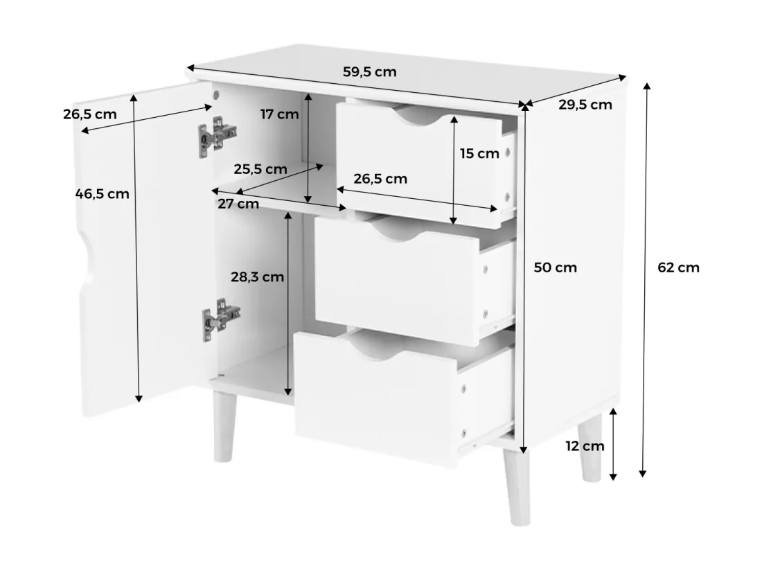 Commode enfant. 1 porte et 3 tiroirs. 2 étagères. blanc. pieds en pin