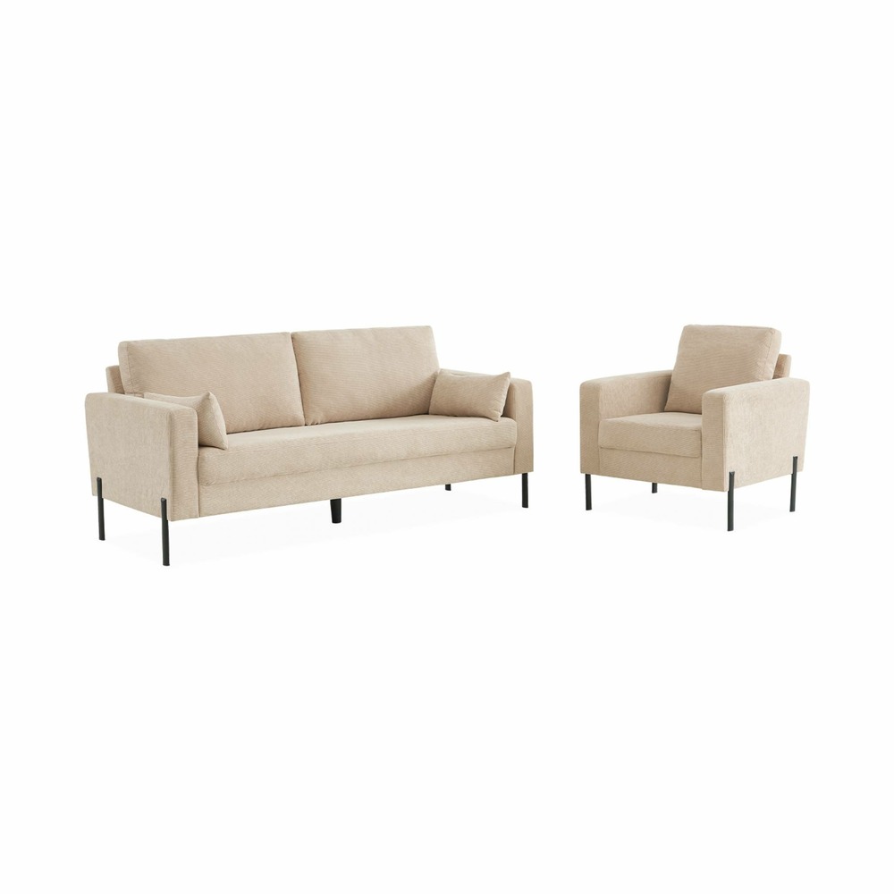 Fauteuil en velours côtelé beige - bjorn - canapé 1 place fixe droit pieds métal