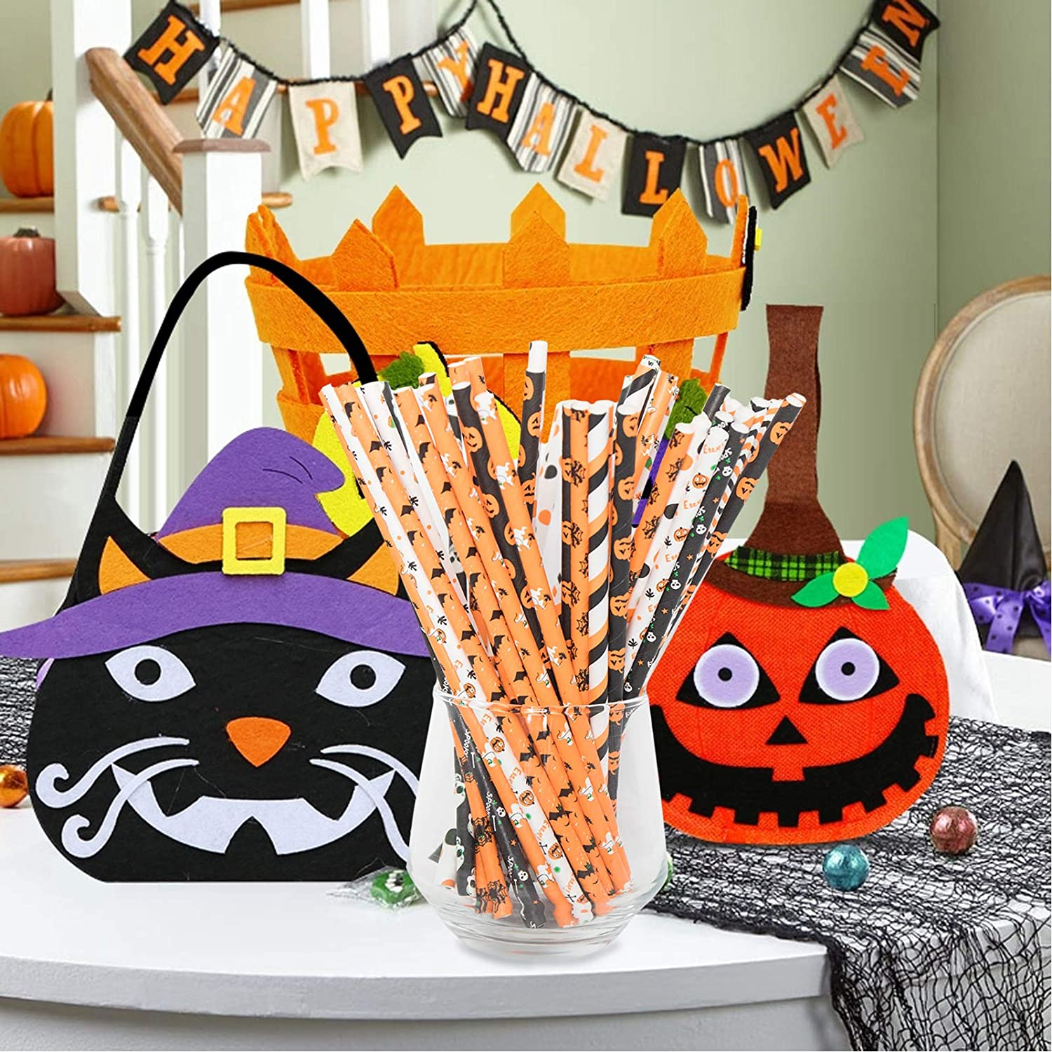 (25er Set) 20cm Halloween Papier Strohhalm Trinkhalm - Spooky