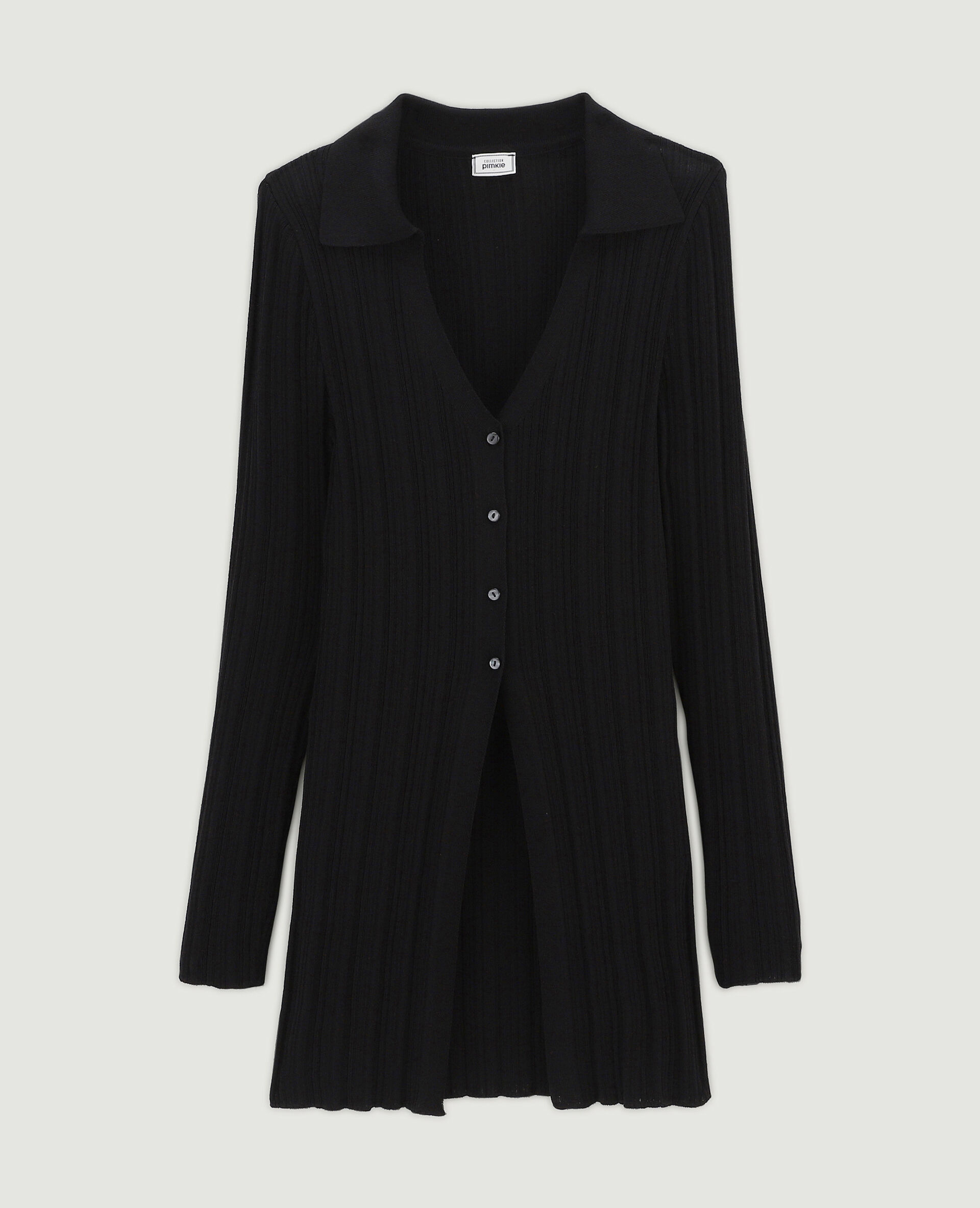 Gilet long en maille côtelée col polo - Noir