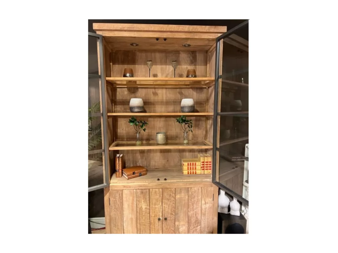 Buffet vaisselier en bois recyclé et métal 4 portes éclairage LED - LINAS