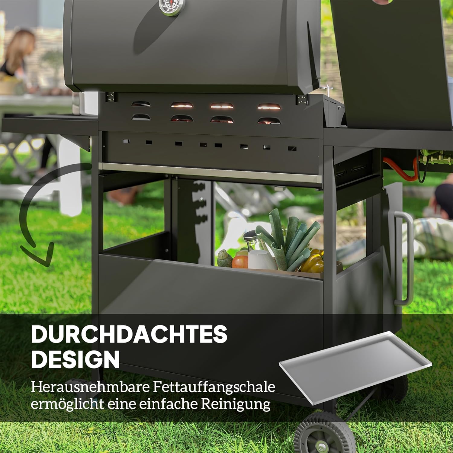 Outsunny Gasgrill 15,2 KW BBQ Gartengrill inkl 5 Edelstahl-Brenner Seitenkocher Rolle Gasschlauch Druckminderer Deckel Seitenablage Thermometer, Grillwagen für Grill, Balkon, 129,5 x 56 x 110 cm