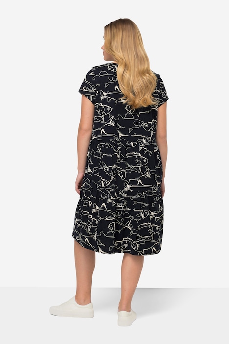 Jerseykleid, A-Line, Fische-Print, Rundhals, Volants, Halbarm