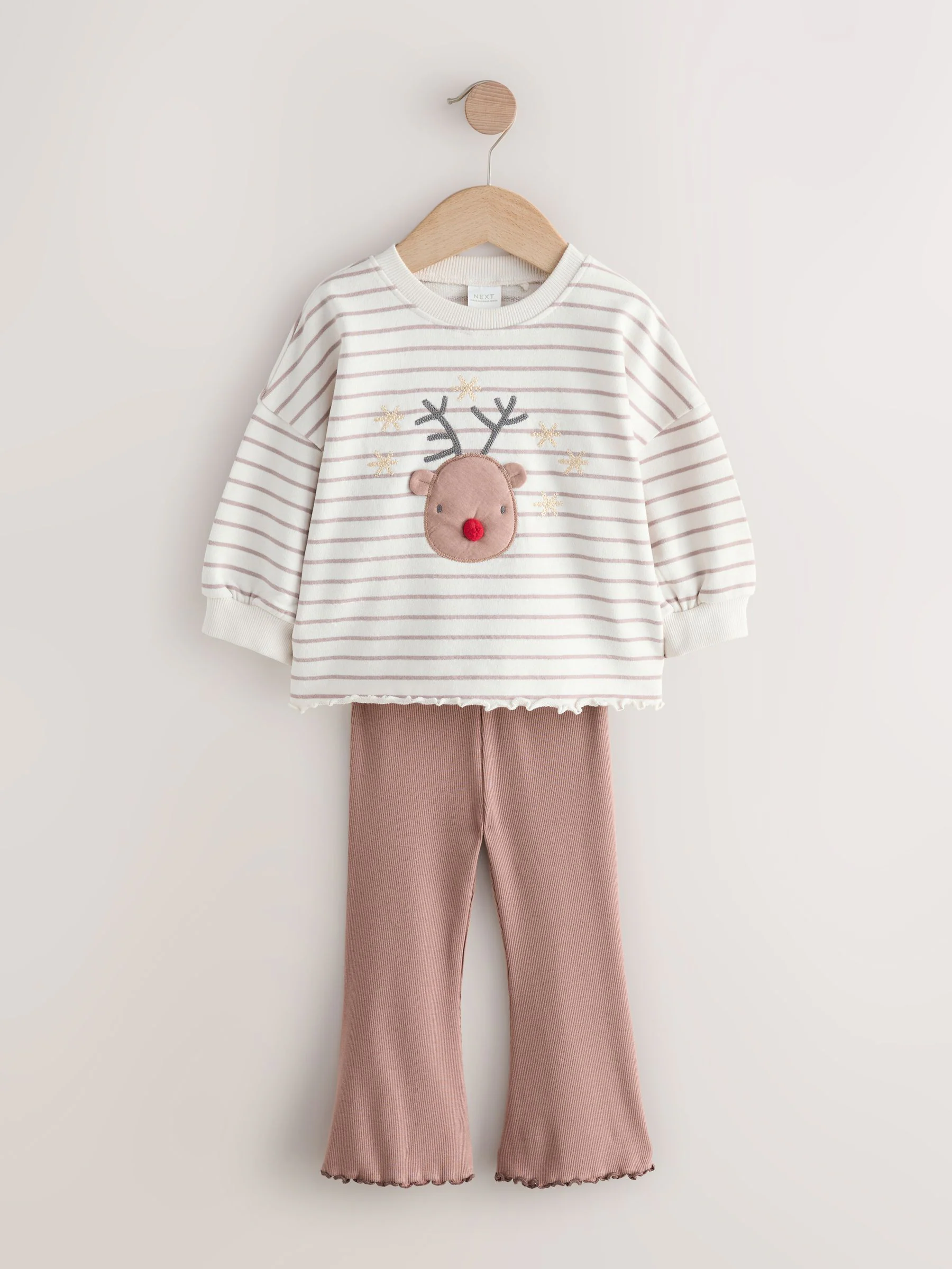 Naturel met rendier - Set met top met lange mouwen en uitlopende broek (3mnd -7jr)