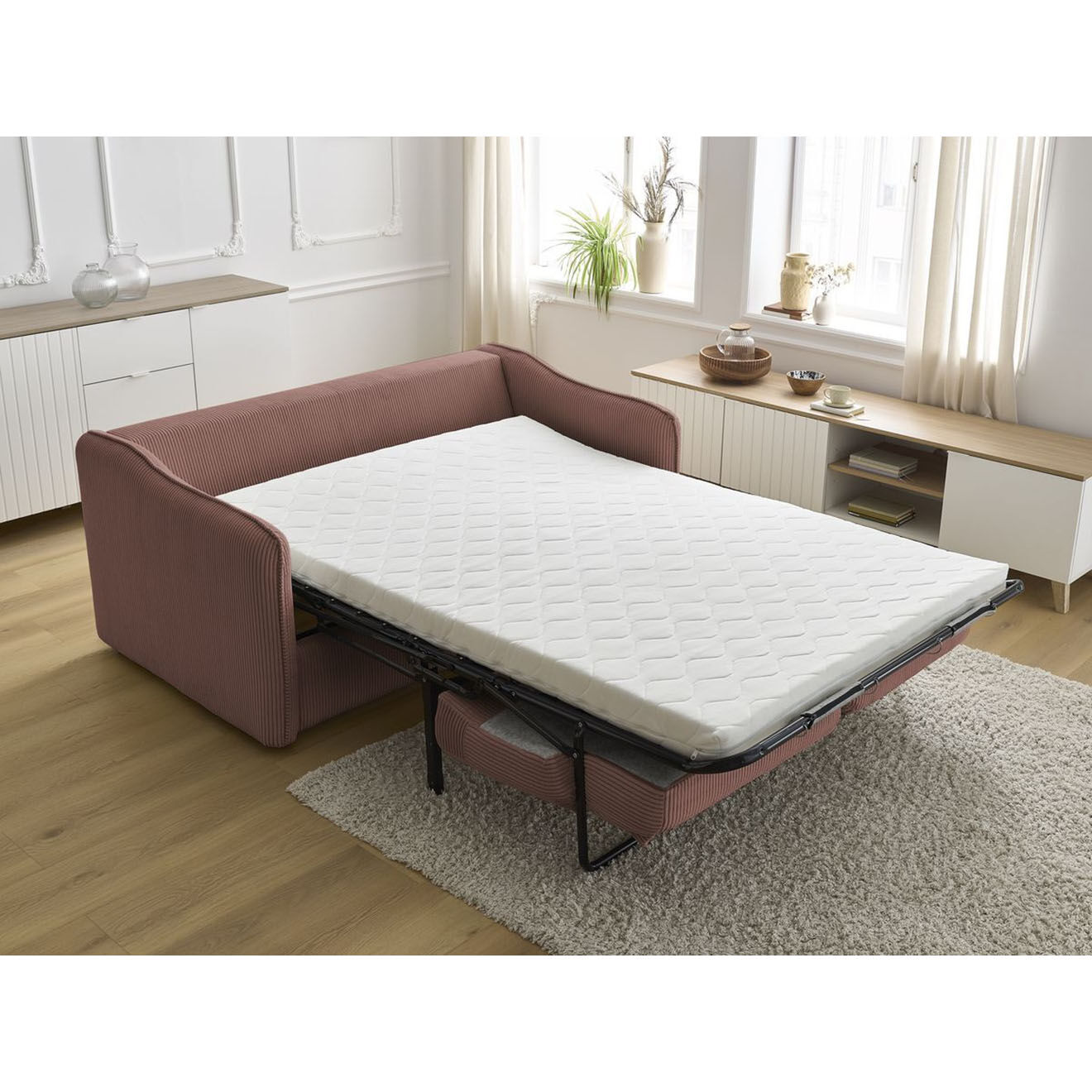 Bobochic Canapé droit convertible express en Velours côtelé 3 places Lenny rose - 178x102x89 cm