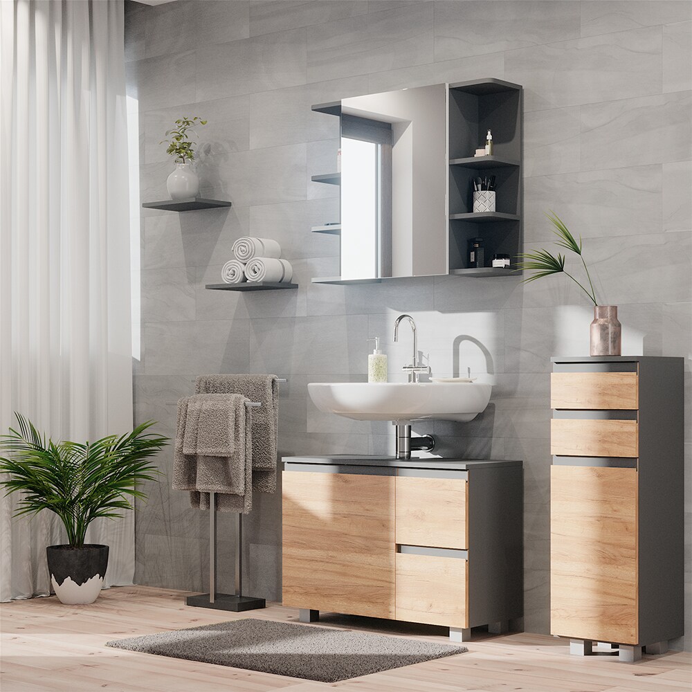 Vicco Badmöbelset J-shape Anthrazit Eiche modern Badezimmer Schrank Badschrank Waschtischunterschrank Spiegelschrank Midischrank Schranktür Schrankschublade Schrankfach Ablage Aufbewahrung