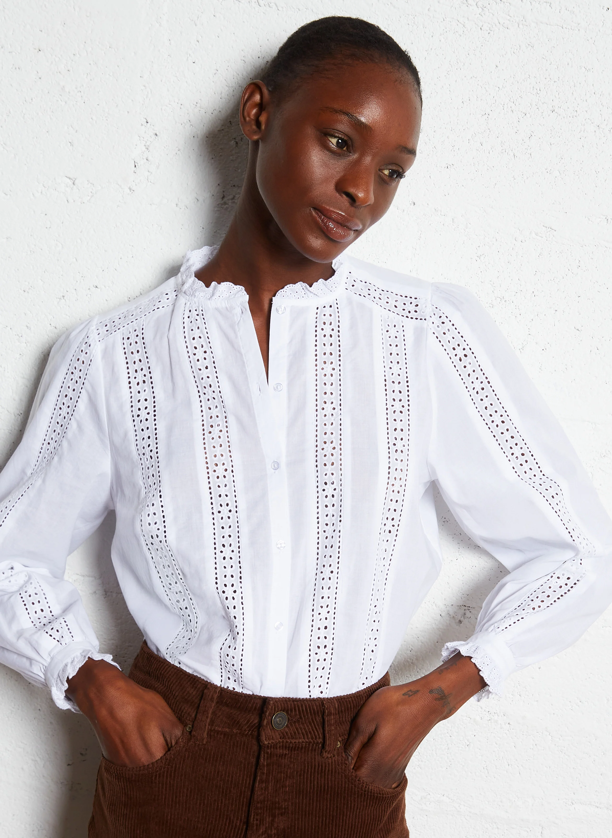 CABALINA - Chemise droite col rond en coton | Blanc