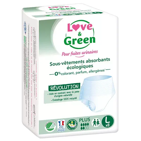 Calcinha absorvente Love & Green para adultos, hipoalergênica e ecológica, tamanho grande G (8 unidades)