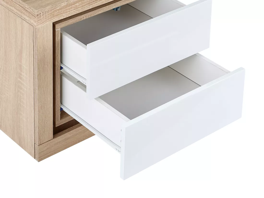 Lot de 2 table de chevet avec 2 tiroirs - Avec LEDs - Blanc laqué et naturel - FLARANCIA