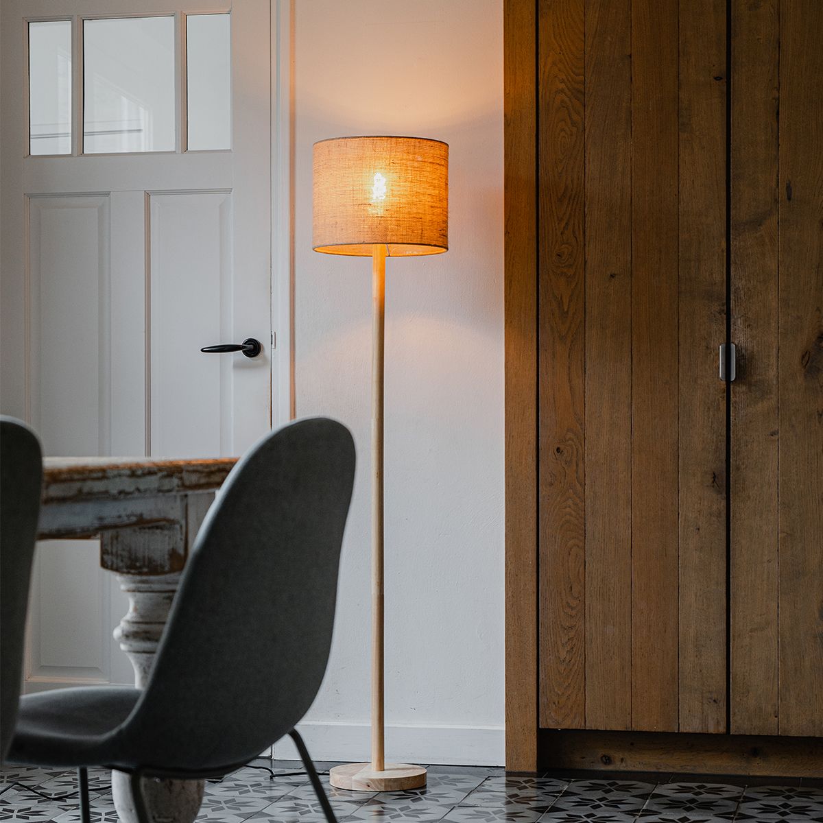 Landelijke vloerlamp hout met linnen kap naturel 32 cm - Mels