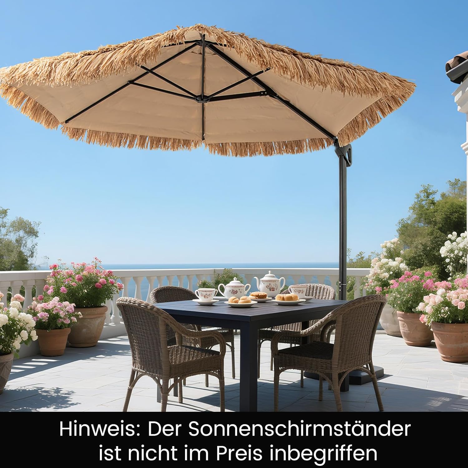 COSTWAY Sonnenschirm Hawaii 270 cm, Ampelschirm mit Kurbel, Strohschirm aus PP-Stroh, Gartenschirm, Terrassenschirm für Garten, Terrasse