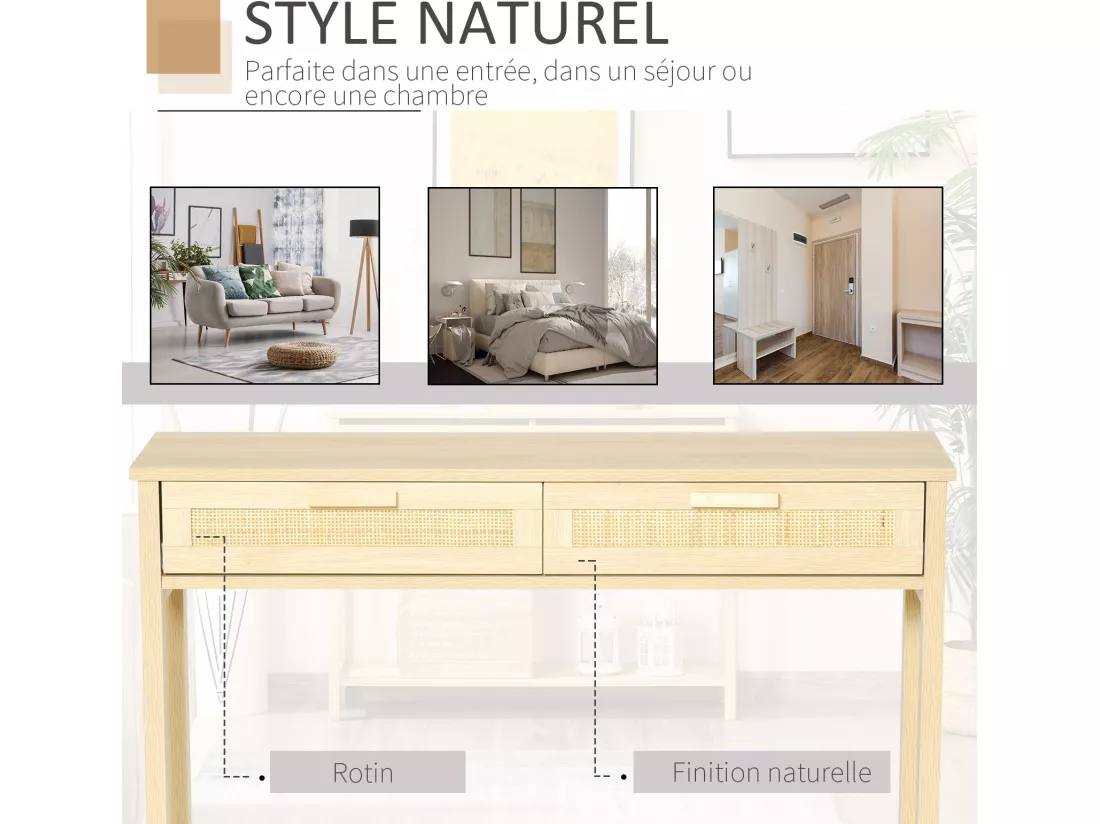 Console table d'appoint dim. 100L x 30l x 76H cm 2 tiroirs façades cannage en rotin étagère MDF aspect bois clair