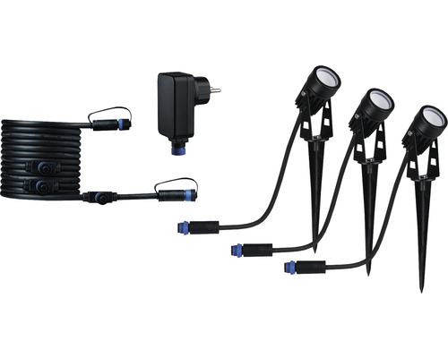 Paulmann Plug & Shine Starterset 3x LED Spot IP65 3x3W 3x150 lm 3000 K zwart met transformator + aansluitkabel 5 m 24 V