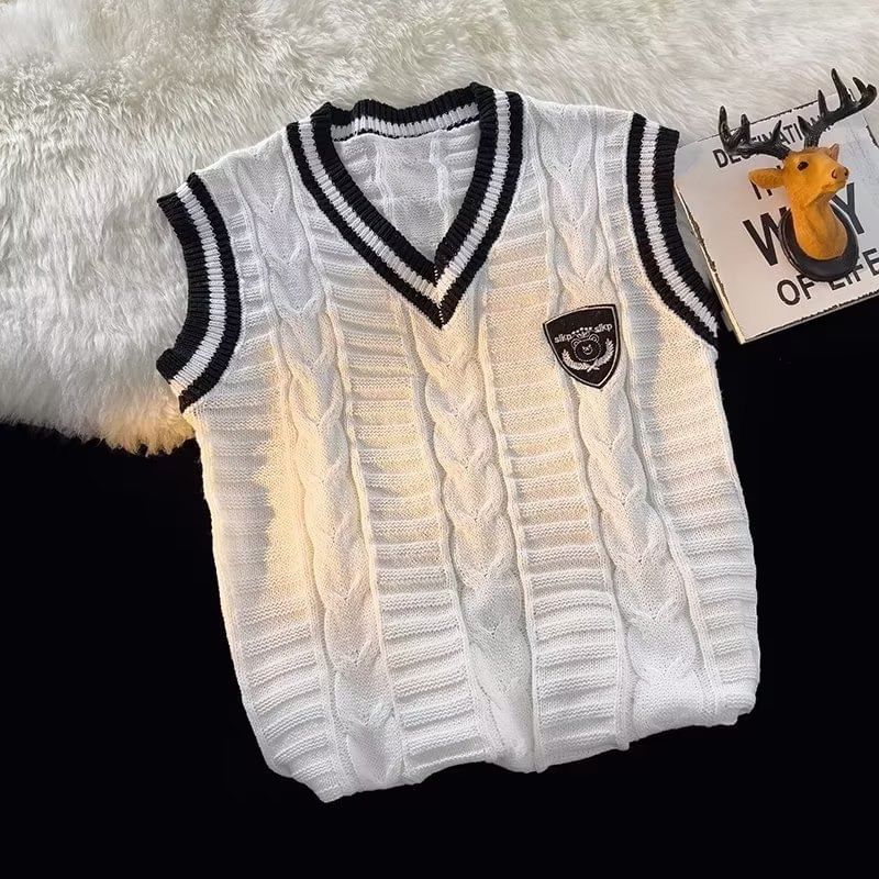 DuckleBeam - V-hals applicatie gestreept kabelgebreid vest