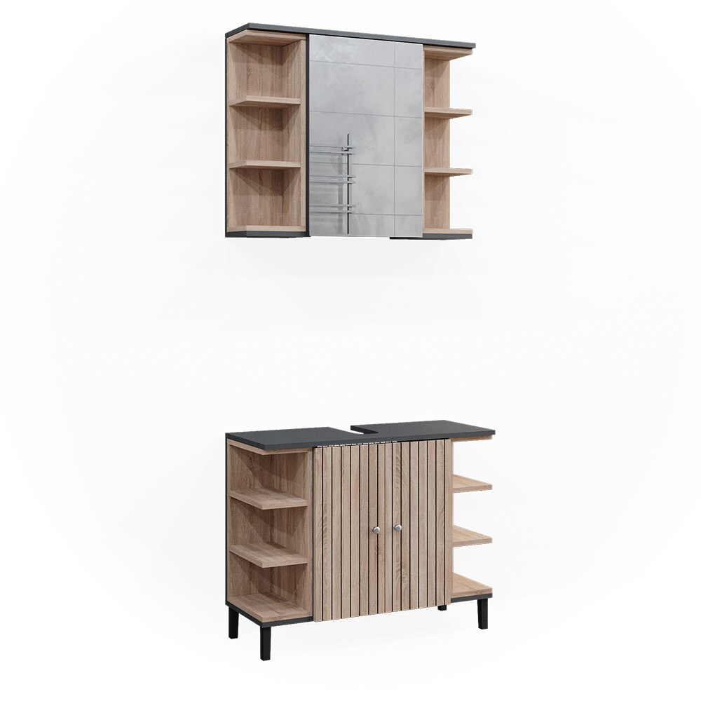 Vicco Badmöbel-Set Aquis, Sonoma Anthrazit, Badezimmer, moderne Badserie, Waschtischunterschrank, Spiegelschrank
