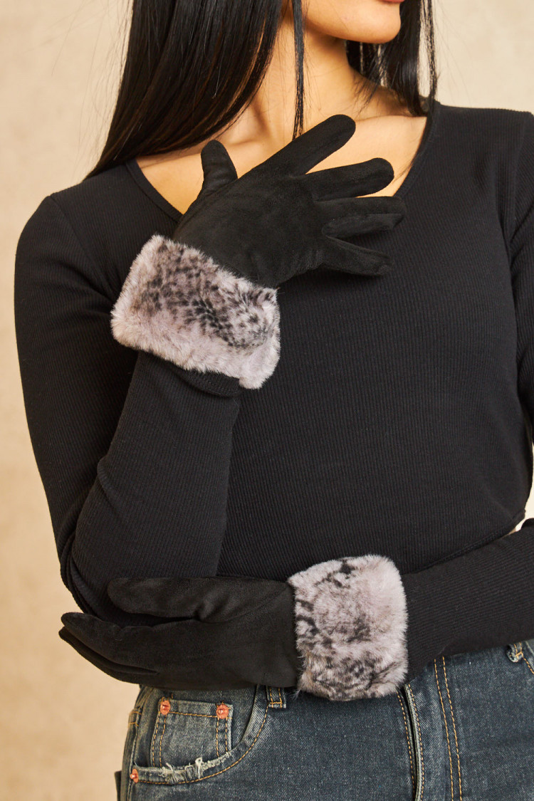 Gants tactiles noirs à fourrure