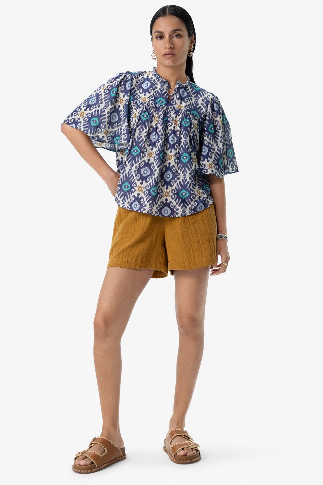 Blauwe A-lijn blouse met print
