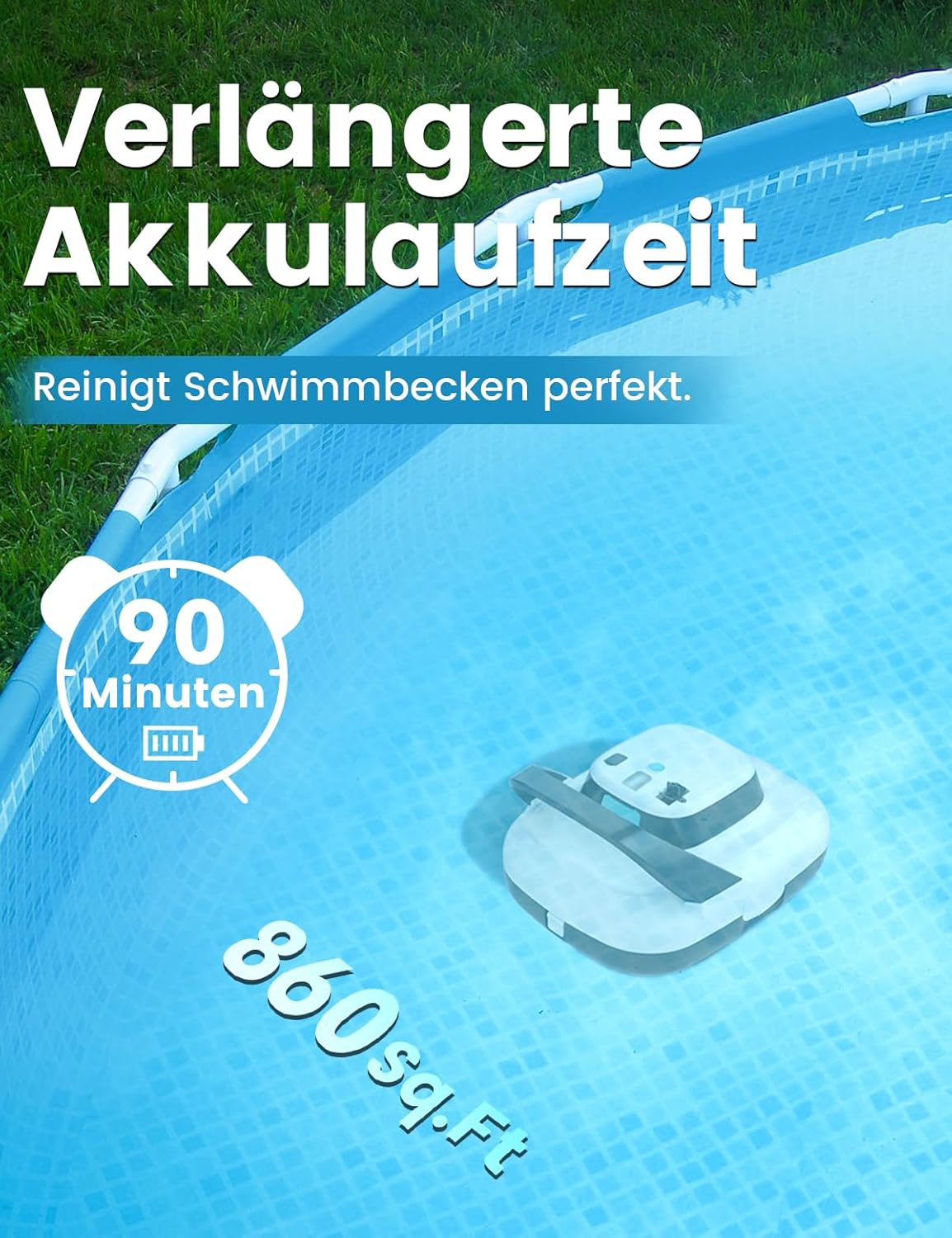 S1 Kabelloser Poolroboter, Dual-Motoren & Sauganschlüsse, automatischer Poolsaugroboter hält bis zu 90 Minuten, selbstparkend, ideal für oberirdische Pools (neu)