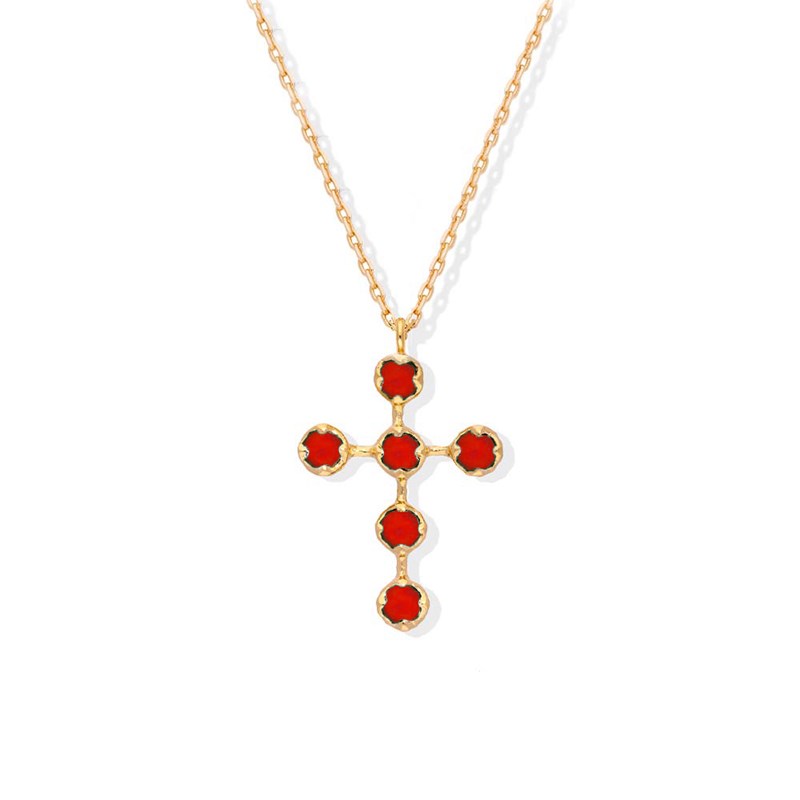 Collier Argent Doré Croix Antique Pierre Onyx Rouge
