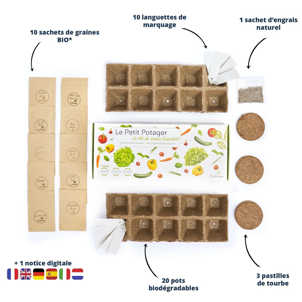 Cultivea le kit petit potager - kit de 10 graines de semis essentiels - herbes aromatiques, tomates, légumes, salades