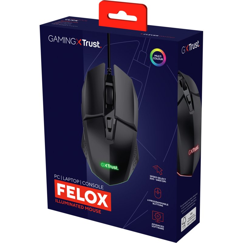 Trust GXT 109 Felox souris Gaming Droitier USB Type-A Optique 6400 DPI