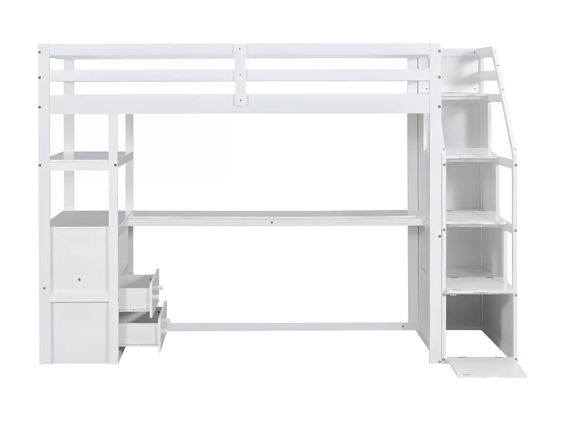 Lit mezzanine 90x200 cm - avec bureau et échelle de rangement - Blanc