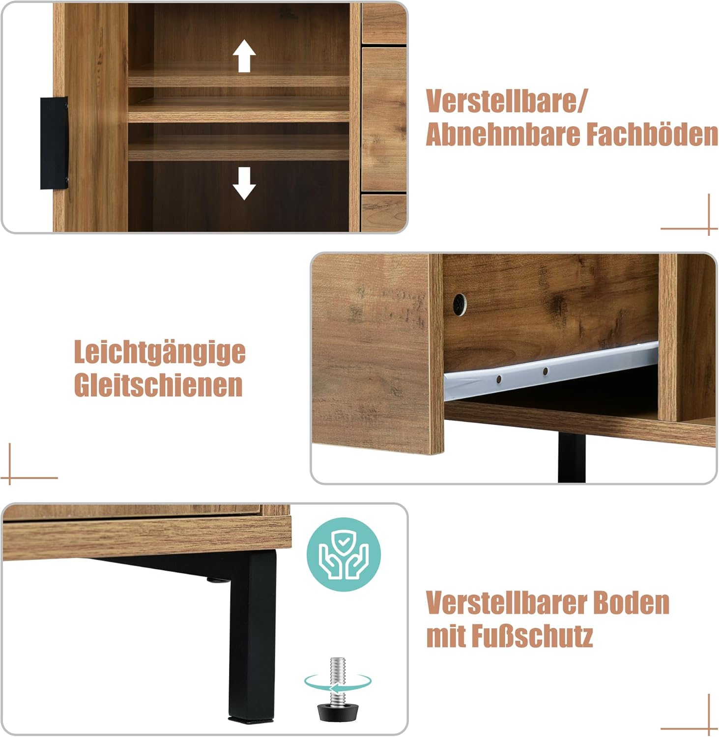 Merax Sideboard Kommode mit 2 Türen und 3 Schubladen 120 cm, Buffetschrank mit Verstellbares Ablage, Aufbewahrungsschrank in Dunkle Eiche, Metallbeinen, für Schlafzimmer, Wohnzimmer, 120x40x76 cm